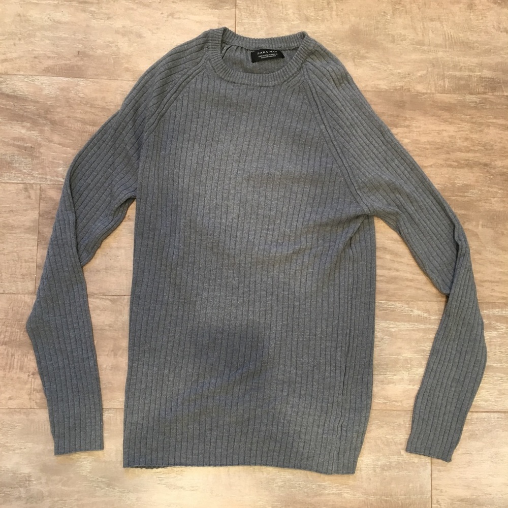 Zara Man Gray Ribbed Long Sleeve Sweater